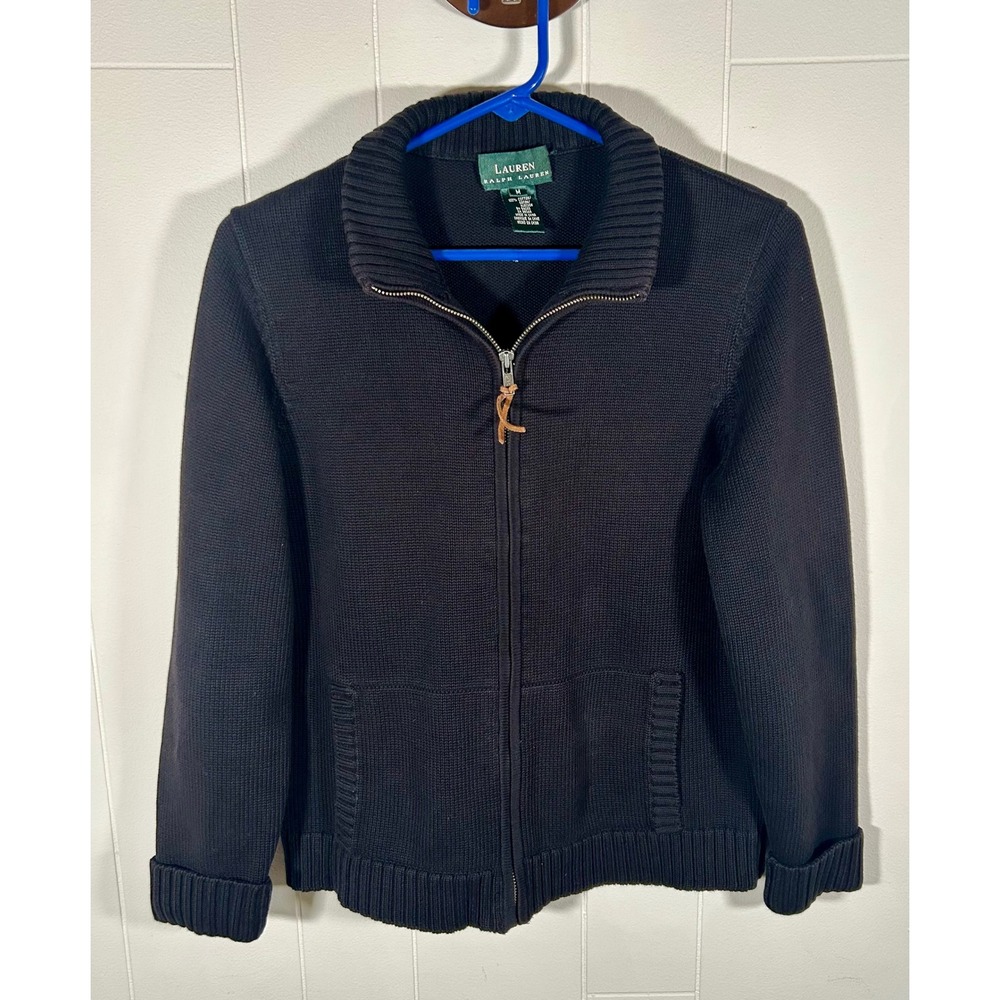 Lauren Ralph Lauren Womens Black Full Zip Cotton Knit Cardigan Sweater Size M